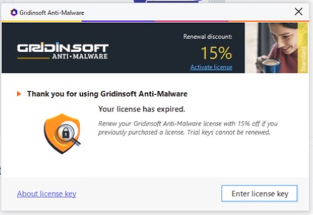 Expired license notice showing the current 15 percent renewal discount