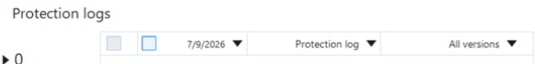 Date, log type, and application version filters above Protection logs