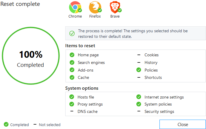 Reset complete page showing completed and not selected browser and system options