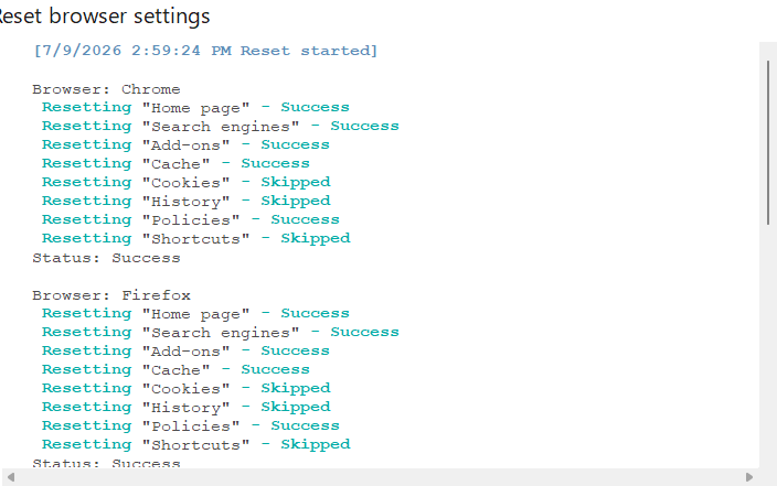 Reset browser settings log with Success and Skipped results
