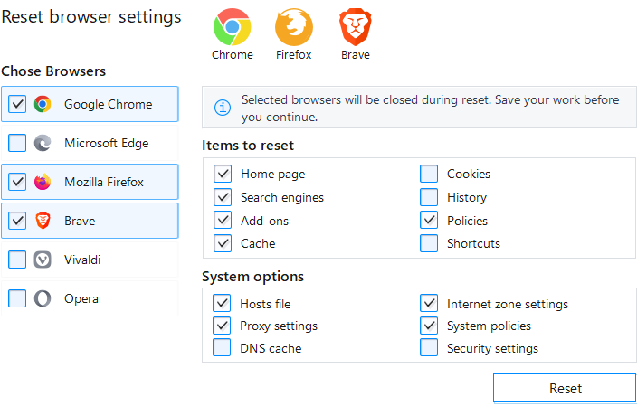 Browser selection, items to reset, and system options in Gridinsoft Anti-Malware