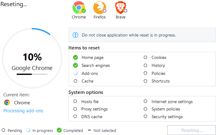 Reset progress and Status indicators for selected browsers and settings