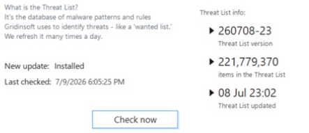 Threat List status, last checked time, and Check now button in Gridinsoft Anti-Malware