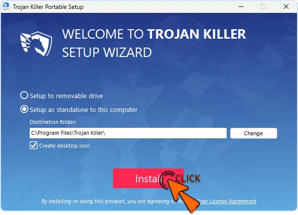 Trojan Killer Setup Wizard with install location and Install button
