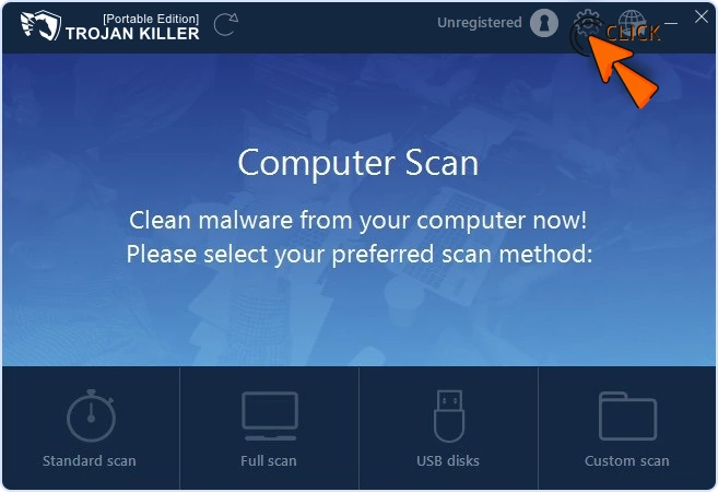 Trojan Killer main window with cursor clicking the gear icon in the top-right to open Settings