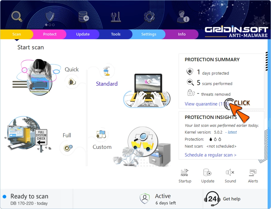 Scan start screen with the Protection summary card and the 'View quarantine (N)' link highlighted