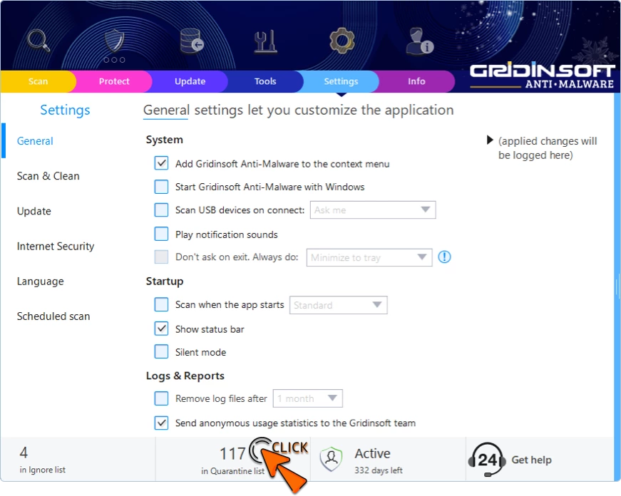 Settings tab with a Quarantine list button