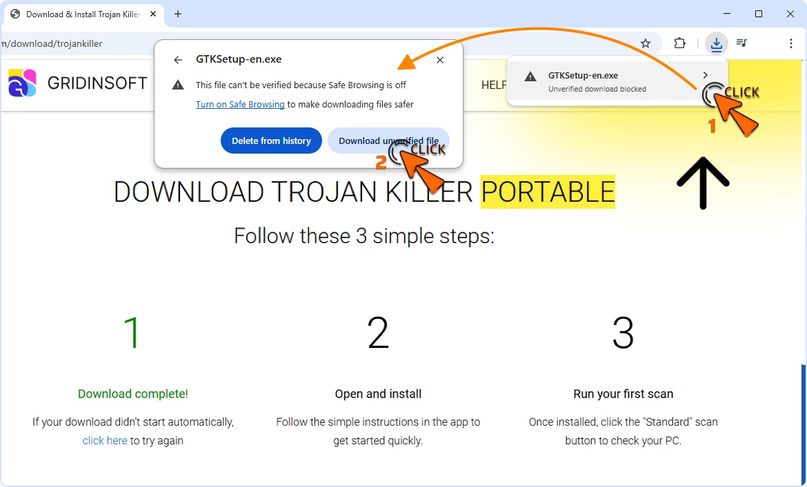 Trojan Killer download page with browser showing the downloaded installer in the top bar