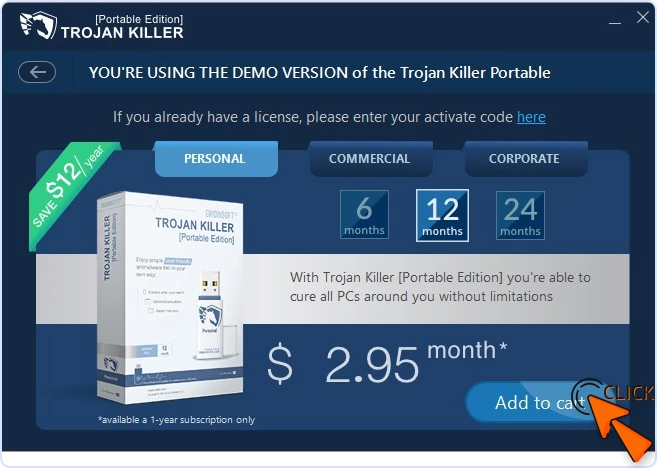 Trojan Killer plans screen with cursor clicking Add to cart