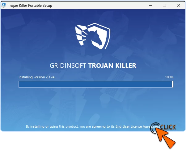 Trojan Killer Portable Setup installing screen with EULA link highlighted