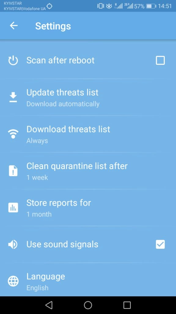 Settings screen showing all options