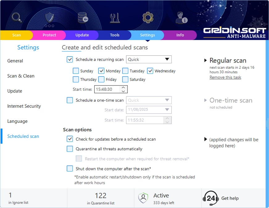 Scheduled Scan settings with time and days selected