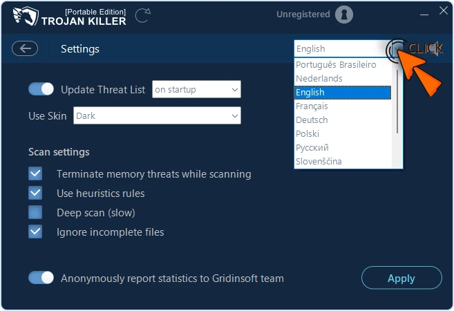 Trojan Killer Settings window with Language dropdown open and cursor selecting English