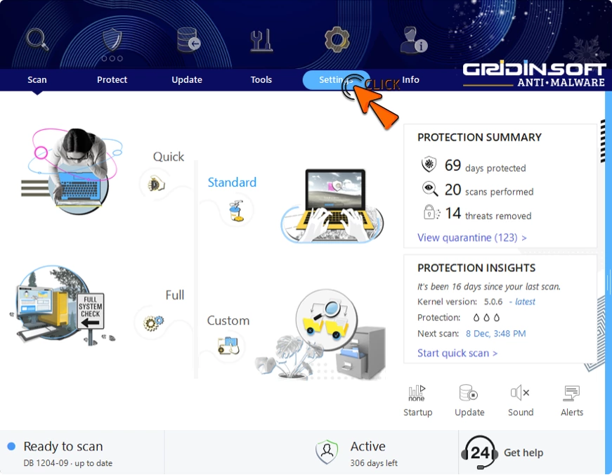 Scan start page with the Settings tab highlighted in the top navigation