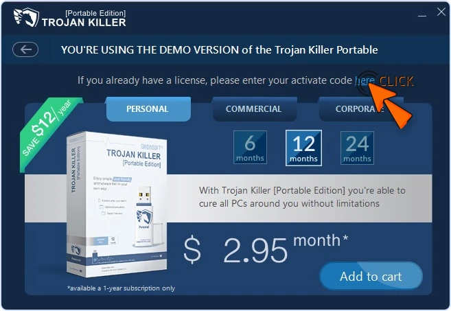 Trojan Killer plans screen with cursor clicking the 'here' link to enter a license key
