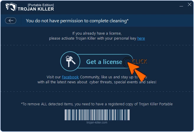 Trojan Killer activation window with cursor clicking Get a license