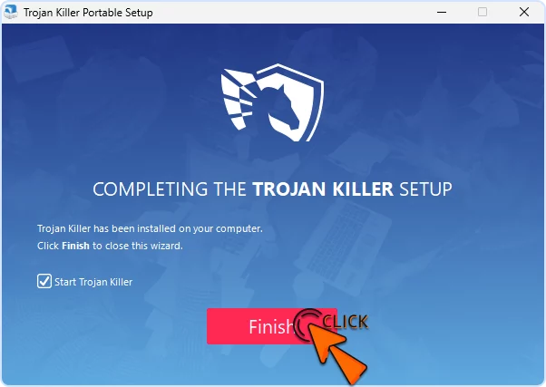 Trojan Killer Portable Setup completion screen with Start Trojan Killer checked and Finish button