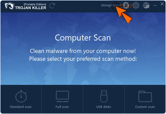Trojan Killer main window with cursor clicking the Unregistered badge in the top-right to open the activation panel