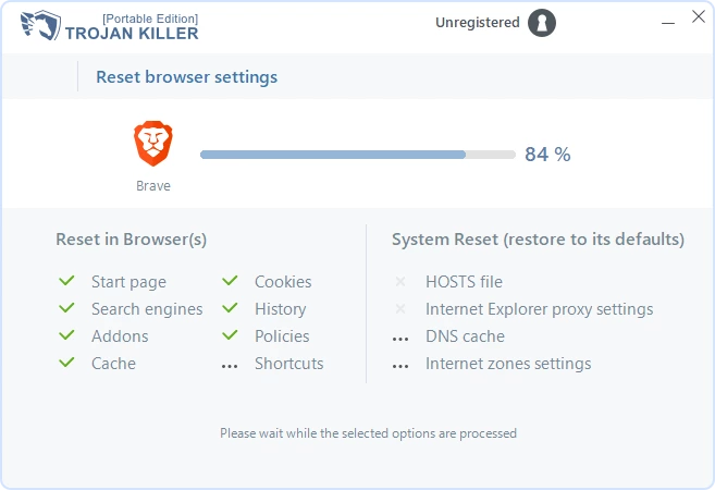 Reset Browser Settings progress screen showing selected browser and items being restored
