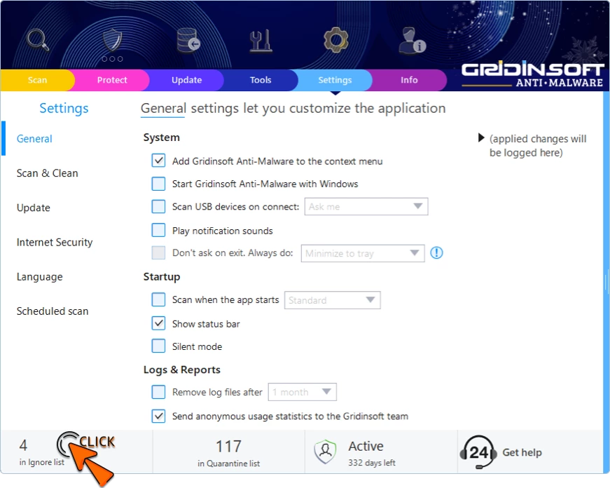 Settings tab with the Ignore List link in the lower left
