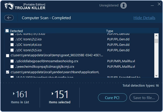 Trojan Killer scan details window showing detected items list with Cure PC and Save to file buttons