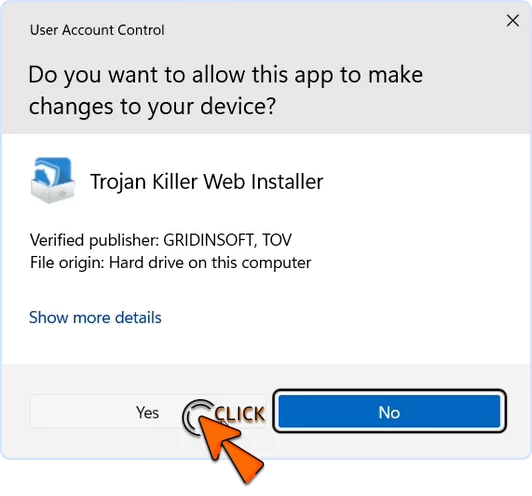 Windows UAC prompt for Trojan Killer Web Installer with Yes button