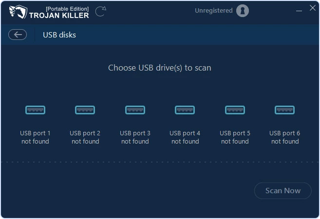 Trojan Killer USB disks screen showing available USB ports and Scan Now button