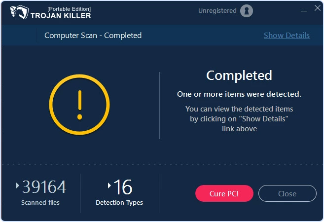 Trojan Killer scan results screen showing detection count with Cure PC button and Show Details link