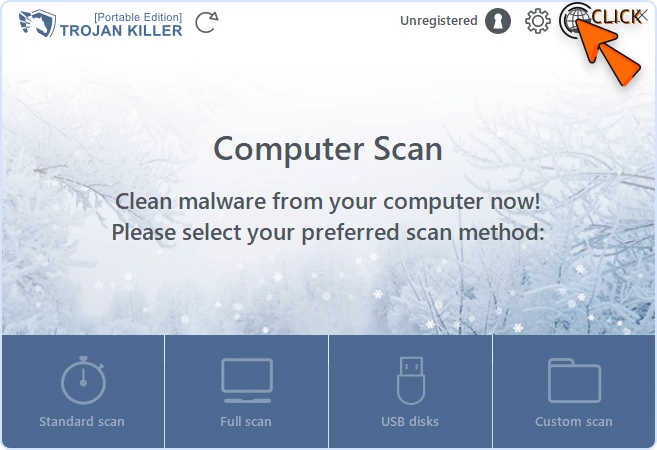 Trojan Killer main window with pointer clicking the Reset Browser Settings icon in the top-right toolbar
