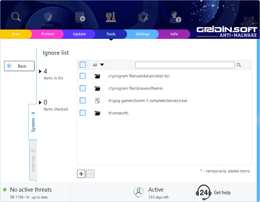 gnore List overview showing where to add trusted files or websites