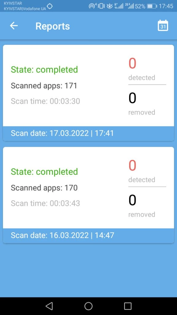 Reports screen showing recent scans with status, items scanned, duration, and detections