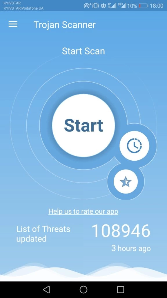 Trojan Scanner home screen with a large Start button and quick access icons