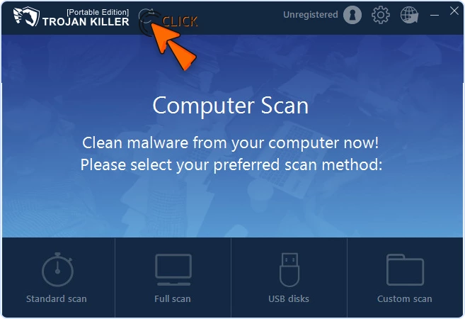 Trojan Killer main window with cursor clicking the update arrow to refresh threat definitions before scanning