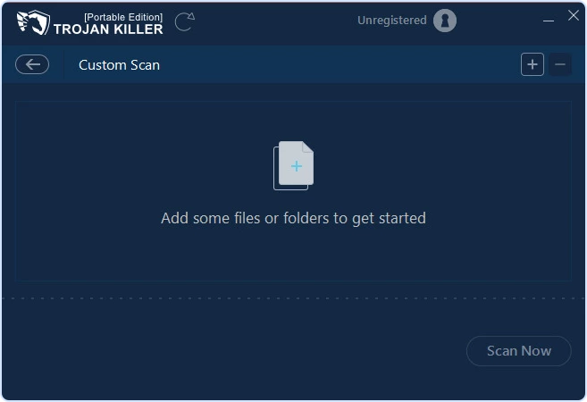 Trojan Killer Custom Scan window prompting to add files or folders with Scan Now button