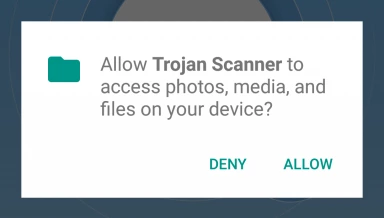 Android permission prompt asking to allow Trojan Scanner access to files (Allow or Deny).