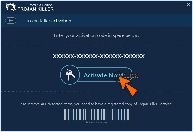 Trojan Killer activation window with license key field and cursor clicking Activate Now