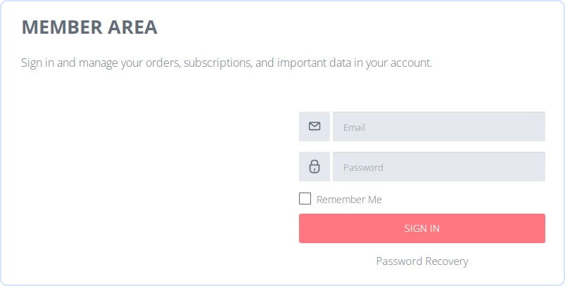 Member Area sign-in page with Email, Password, and Password Recovery