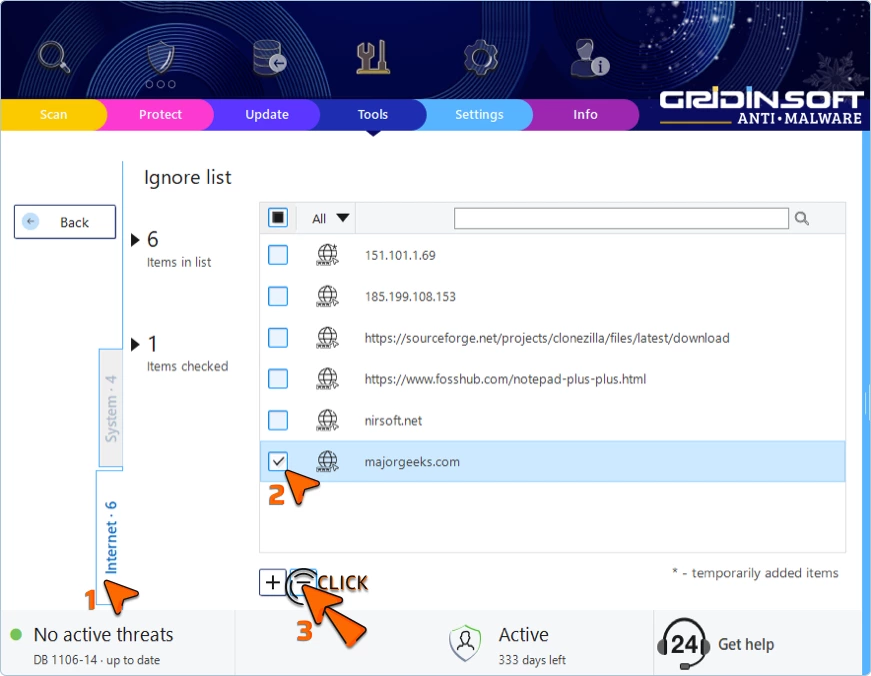 Ignore List with an item selected and the Clear button ready