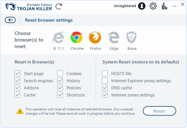 Reset Browser Settings window with selectable browser icons and checkboxes (Start page, New tab, Search engine, Addons, etc.)