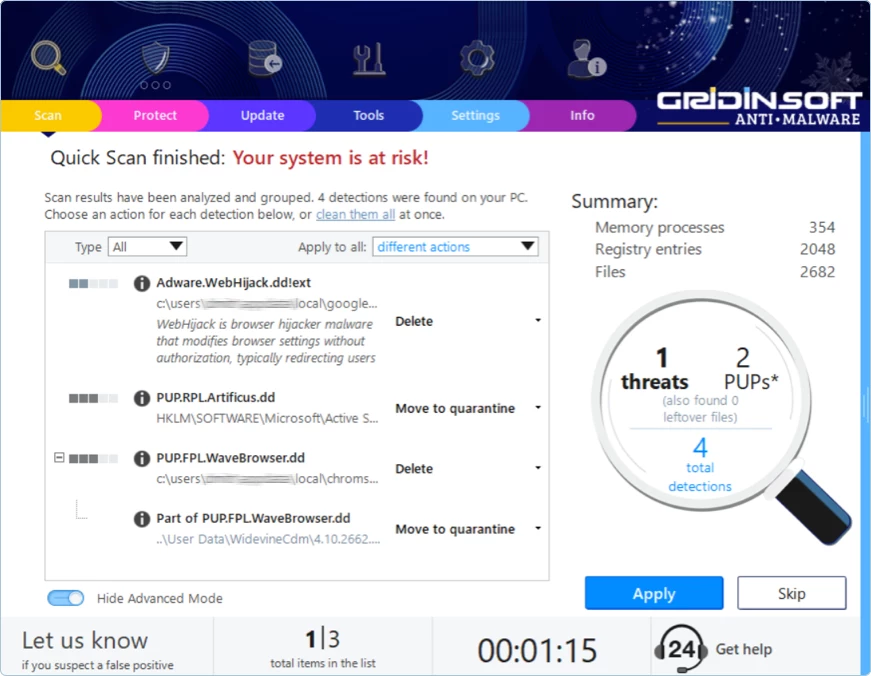 Results window with detections list, summary panel, and Apply or Skip buttons