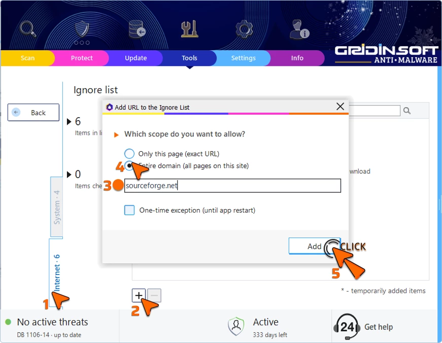 Internet tab Add dialog with Single URL, Entire domain, and Session-only options