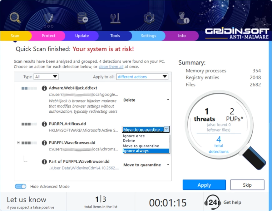 Scan Results window with Advanced mode on and the per-item menu open to Ignore always
