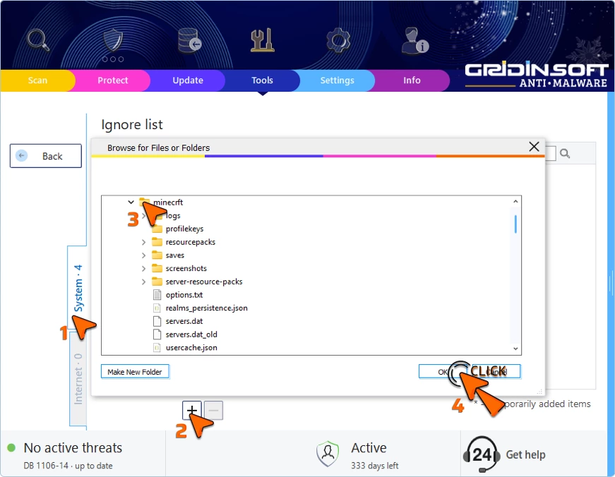System tab open with a file picker to add a file to the Ignore List