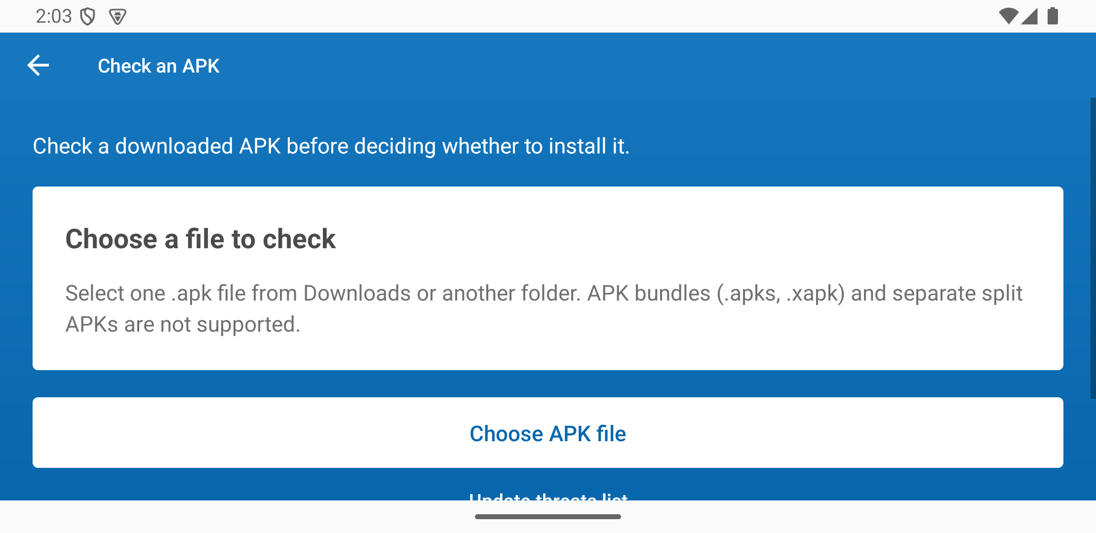 Check an APK screen with the Choose APK file button