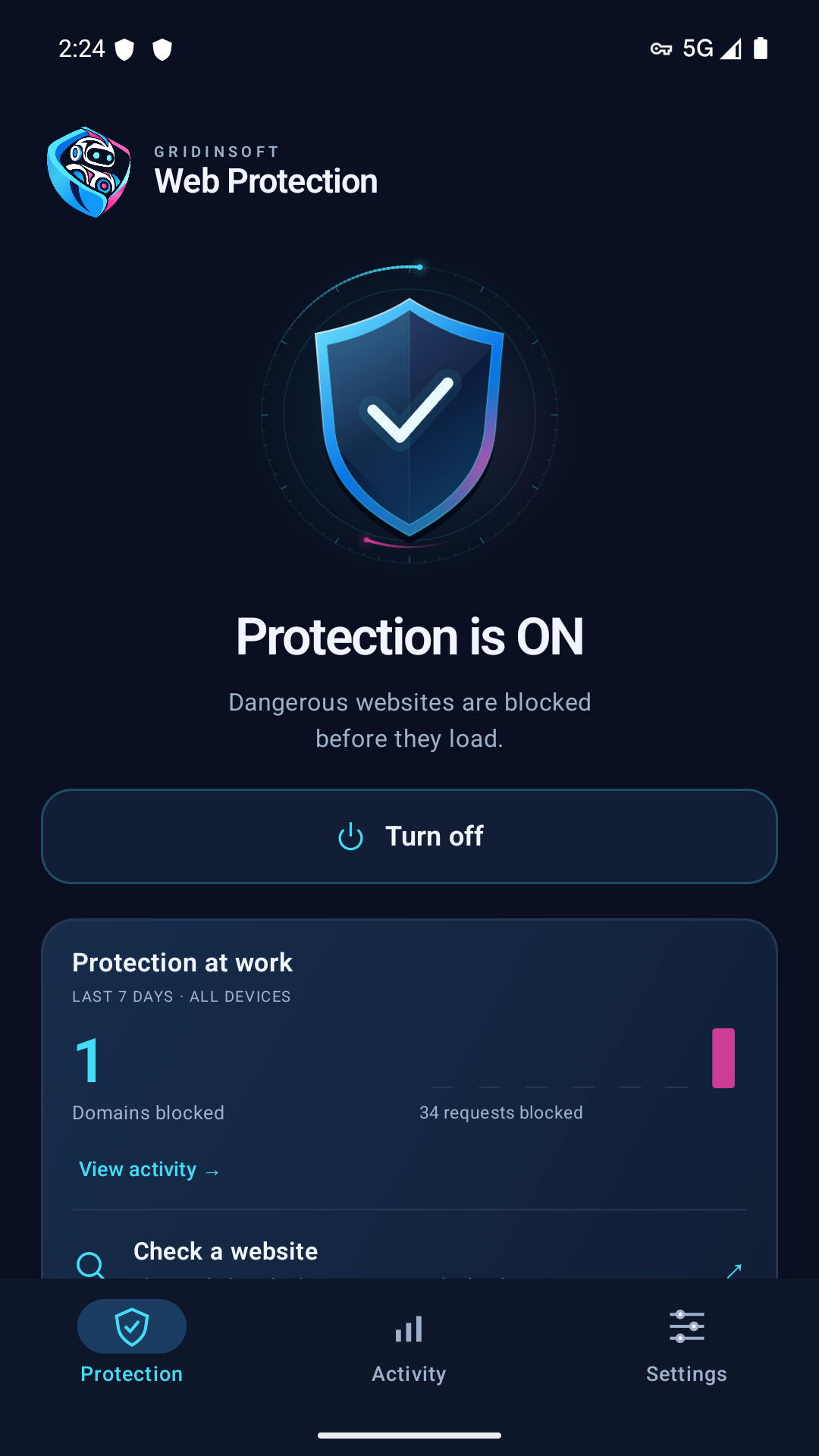 Android Web Protection showing Protection is ON and the Turn off button