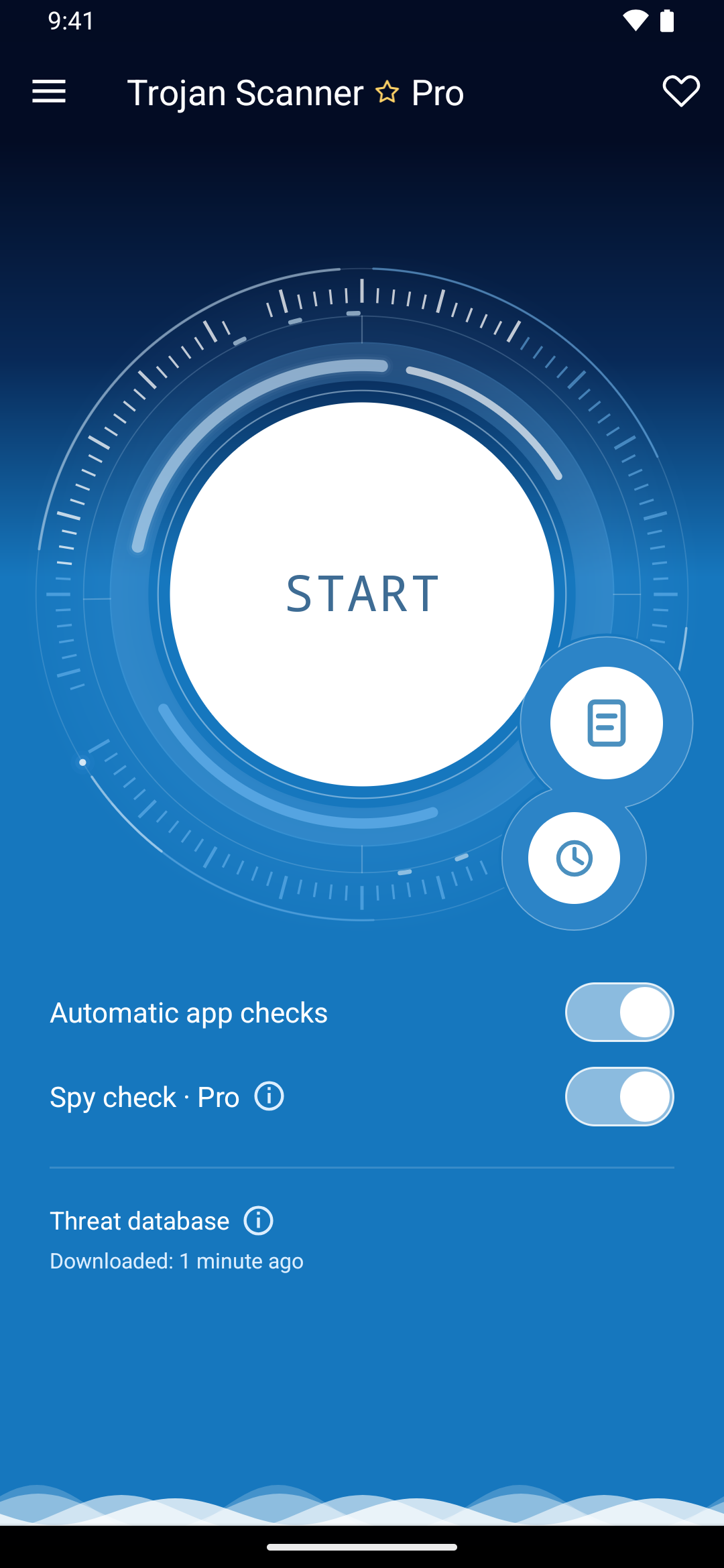 Trojan Scanner Pro home screen with Start and automatic check controls