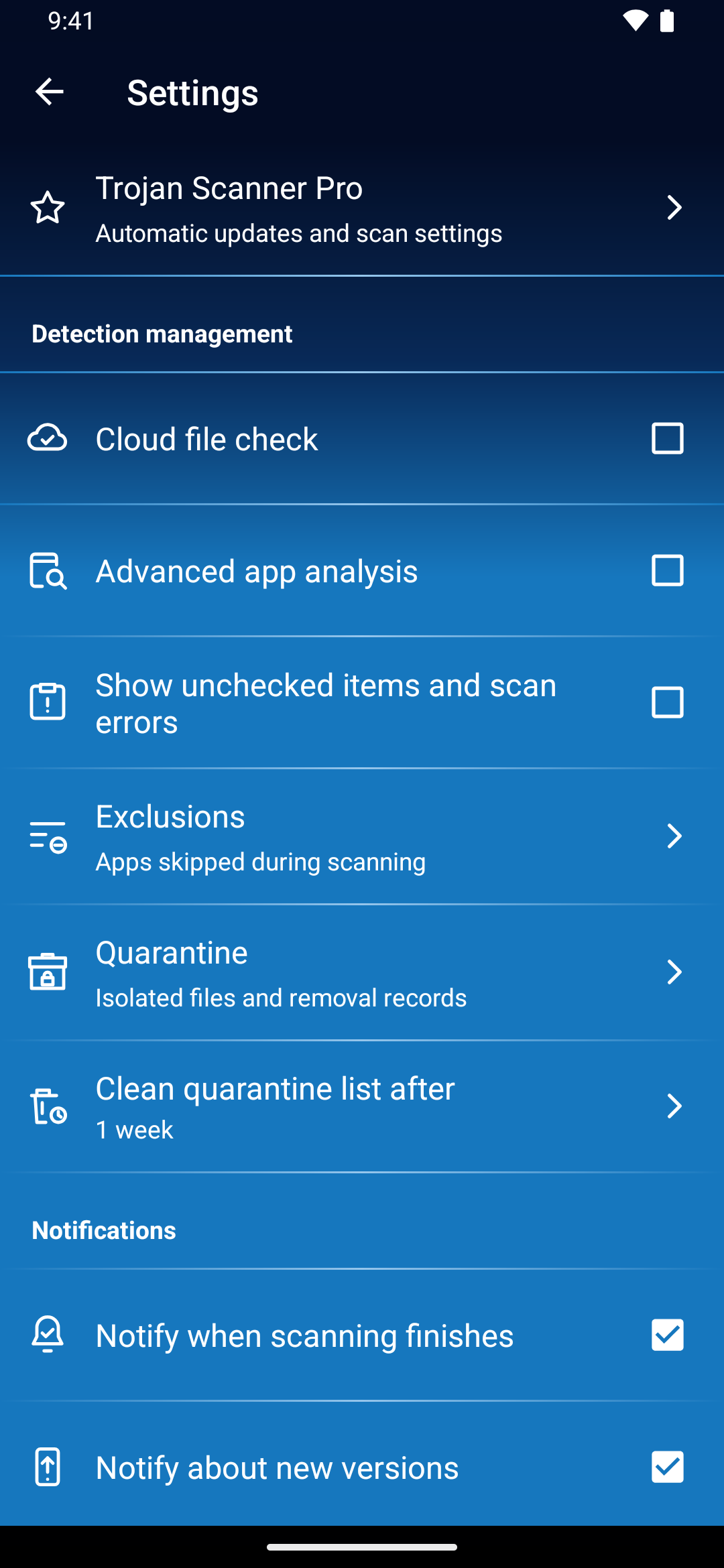 Trojan Scanner settings with the Pro appearance