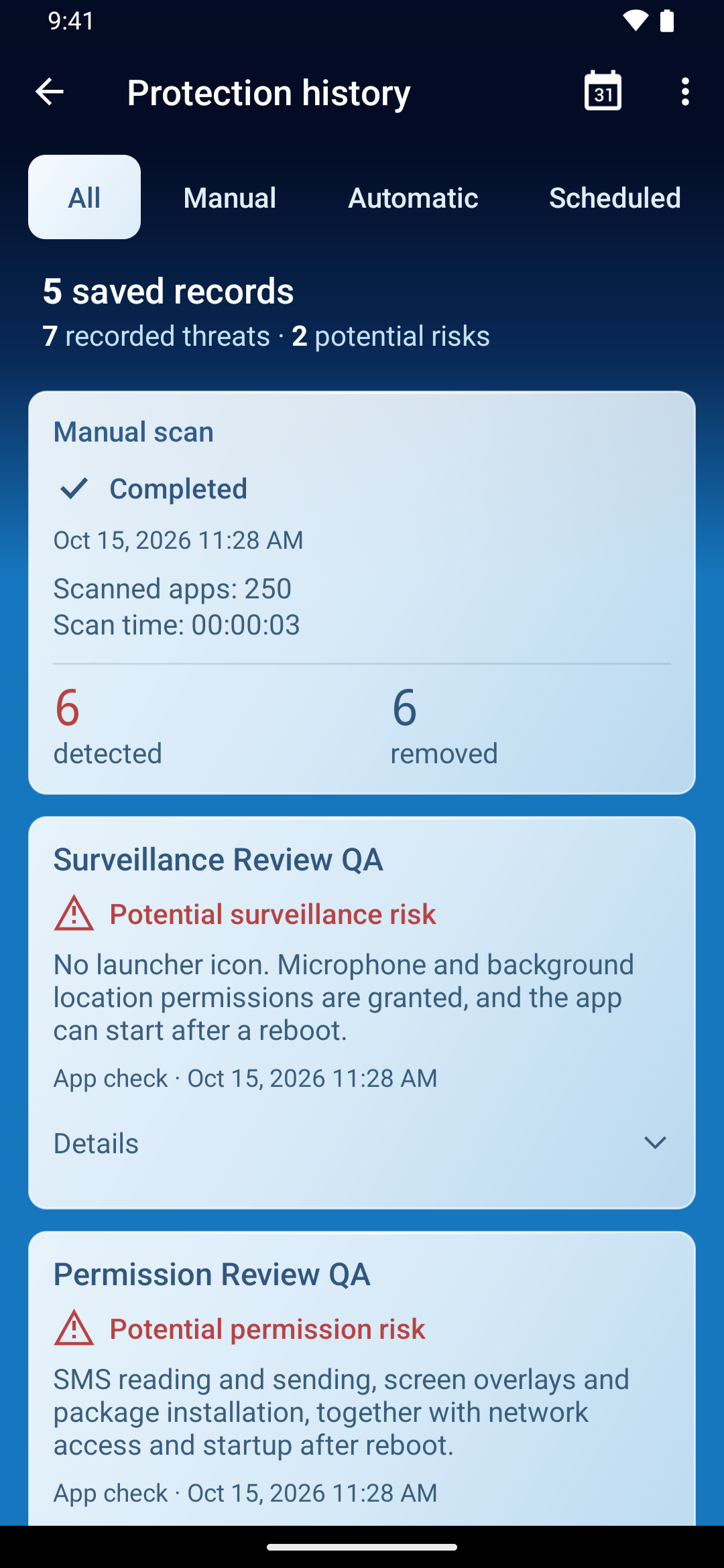 Protection history in Trojan Scanner Pro with source and finding filters