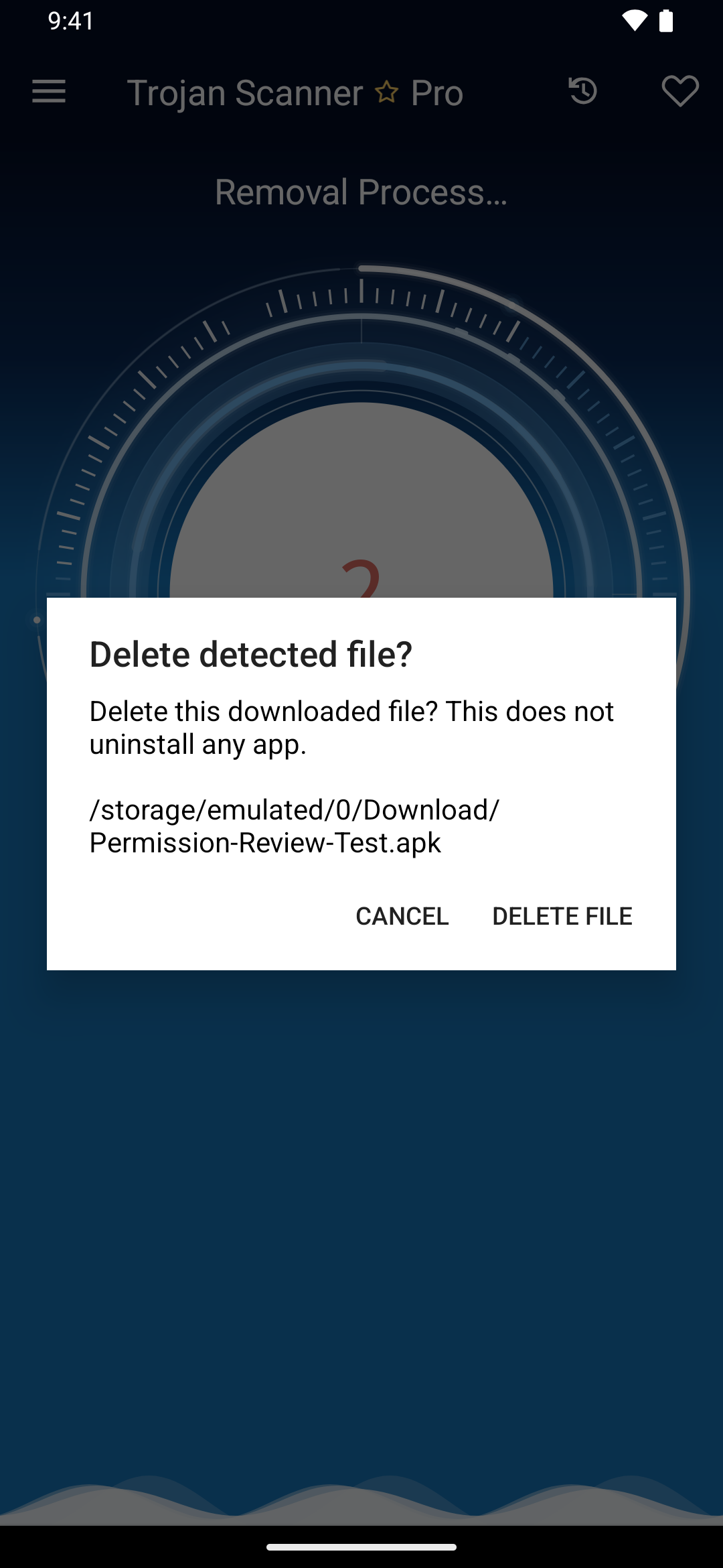 Trojan Scanner asks before deleting a detected test file