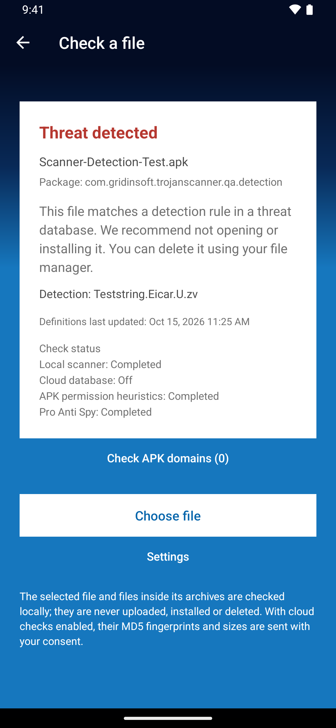 Check a file in Trojan Scanner Pro